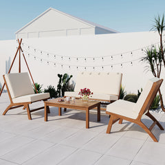 4-Piece Acacia Solid Wood Outdoor Sofa Chair Set, Beige