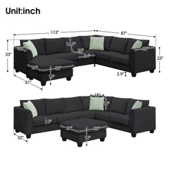 7 Pcs Living Room Sectional Sofa Couches with Ottoman, 3 Pillows, Black