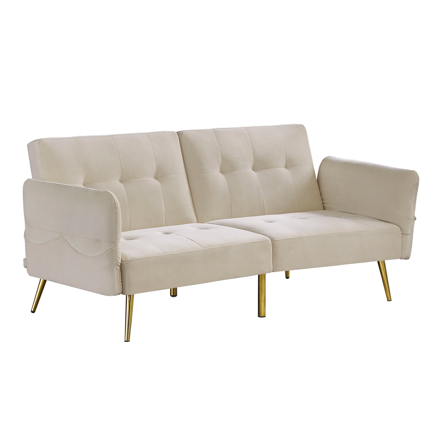 78" Velvet Futon Sofa Bed, Convertible Sleeper Loveseat Couch with Folded Armrests and Storage Bags, Beige
