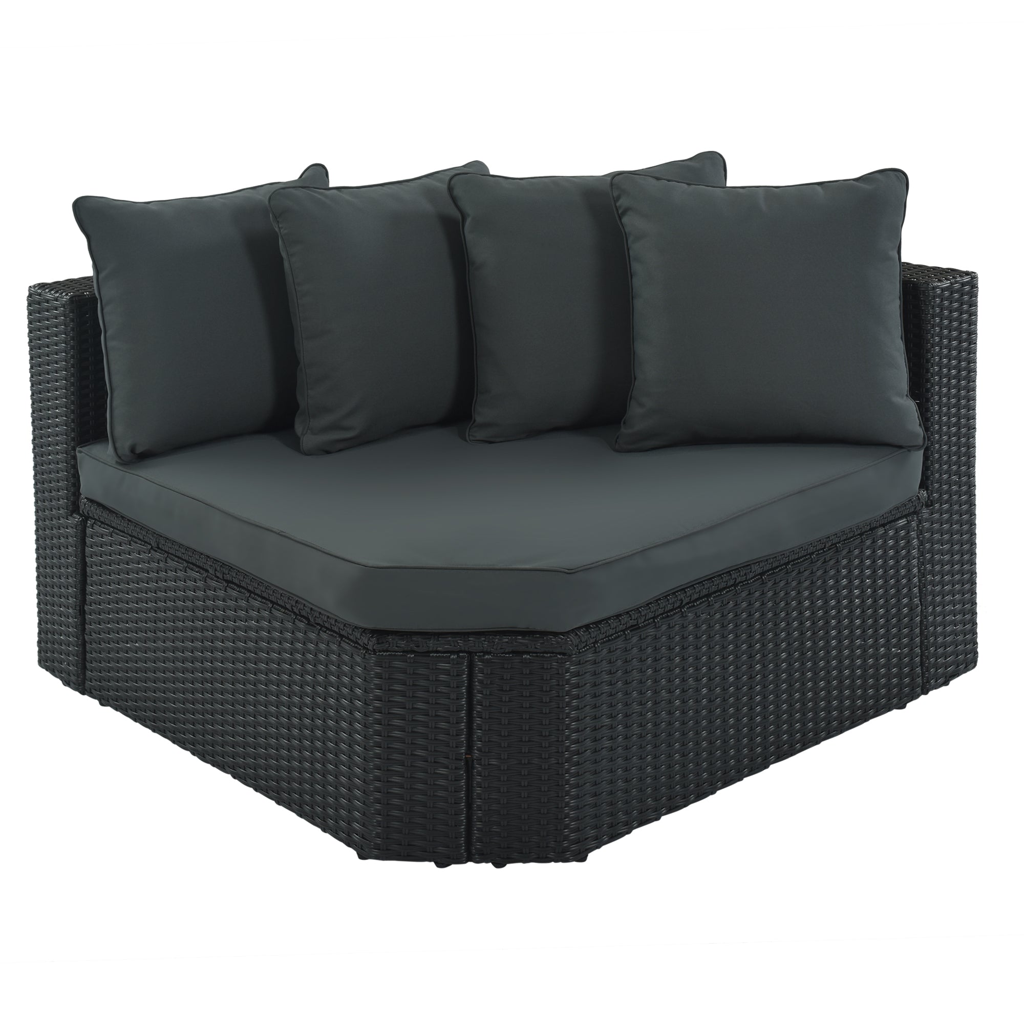 7-piece Outdoor Wicker Sofa Set, Rattan Sofa Lounger with Green Pillows, Black Wicker, Gray Cushion