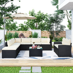 9-piece Outdoor Sectional Sofa Set, Black Wicker, Beige Cushion