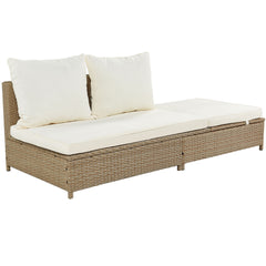 3-Piece Patio Rattan Sofa Set with Adjustable Chaise Lounge and Tempered Glass Table, Natural Brown+ Beige Cushion