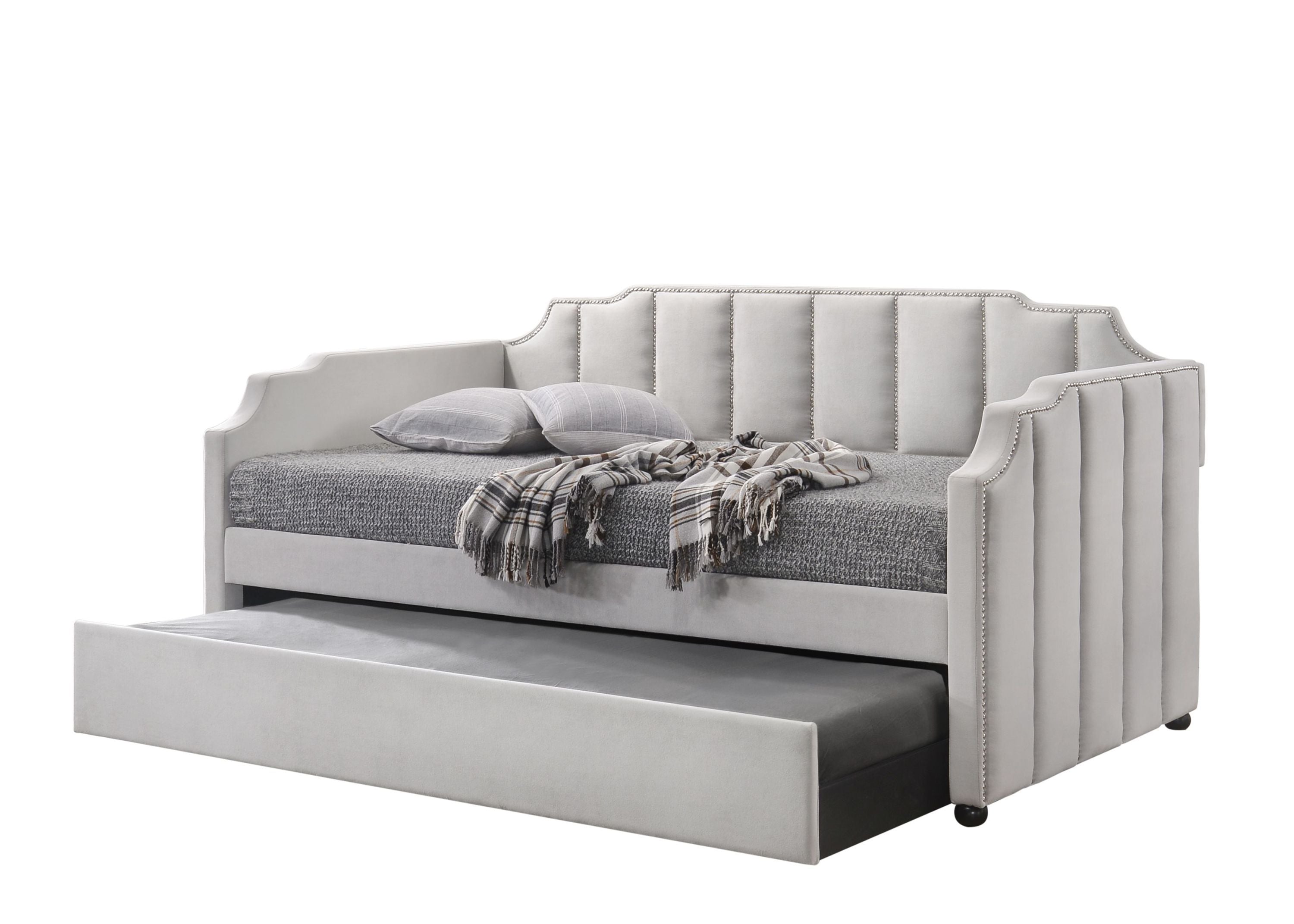 NOBLEMOOD Twin Size Daybed with Trundle, Velvet Day Bed Frame with Modern Line Design, No Box Spring Needed, Upholstered Sofa Bed with Roll-Out Trundle for Bedroom, Living Room, Guest Room, Dove Gray