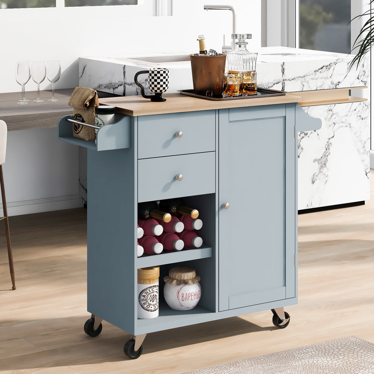 Kitchen Cart with Wine Rack, Towel Rack, Two Drawers, Rubber Wood Top & 4 Wheels for Dining Room, Kitchen & Living Room, Grey Blue