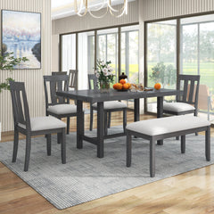 6-Piece Wooden Rustic Style Dining Set with Table, 4 Chairs & Bench (Gray)