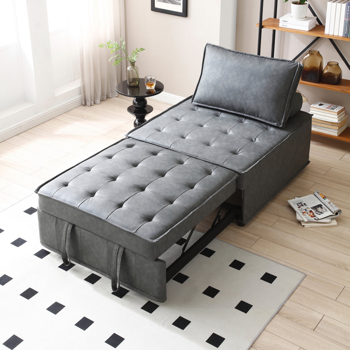 4 in 1 Pull-out Faux Leateher Sleeper Sofa Bed w/ Pillow & Side Pockets, No Armrest, Dark Gray