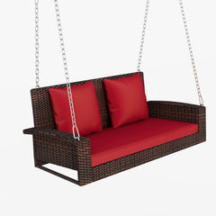 2-Seat Wicker Hanging Porch Swing Bench with Chains, Red Cushion & Pillow
