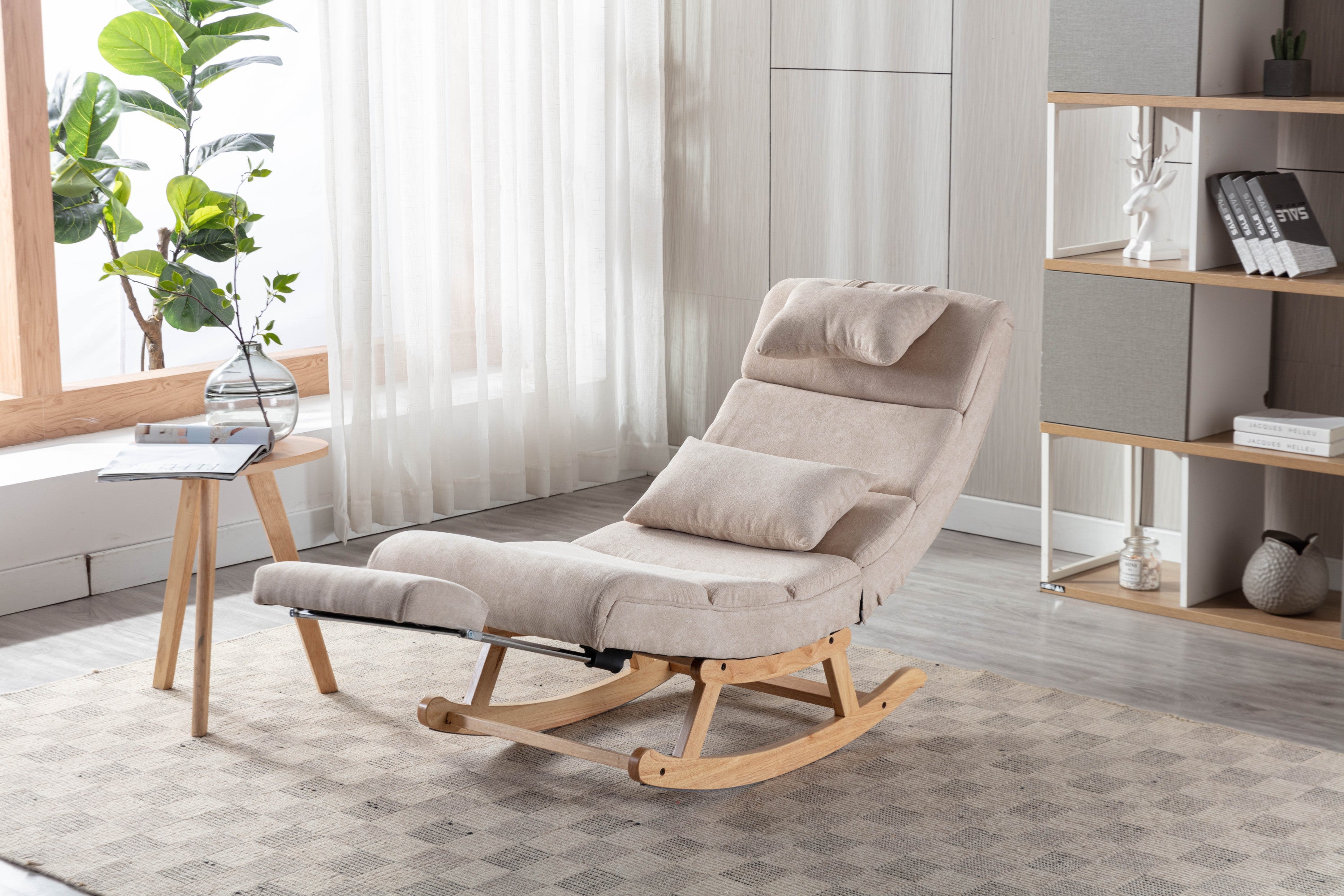 51.37"W Comfortable Rocking Chair with Natural Solid Rubber Wood Legs, Beige