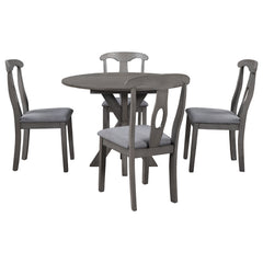 Rustic Farmhouse 5-Piece Wood Round Dining Table Set with Drop Leaf & 4 Padded Dining Chairs, Gray