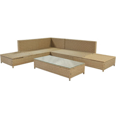 3-Piece Patio Rattan Sofa Set with Adjustable Chaise Lounge and Tempered Glass Table, Natural Brown+ Beige Cushion