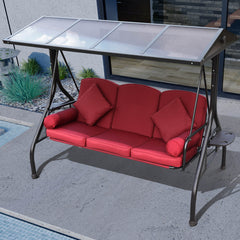 Outdoor Porch Swings with Adjustable PC Canopy, 3 Cushions, 2 Cup Holders & 4 Pillows, Wine Red