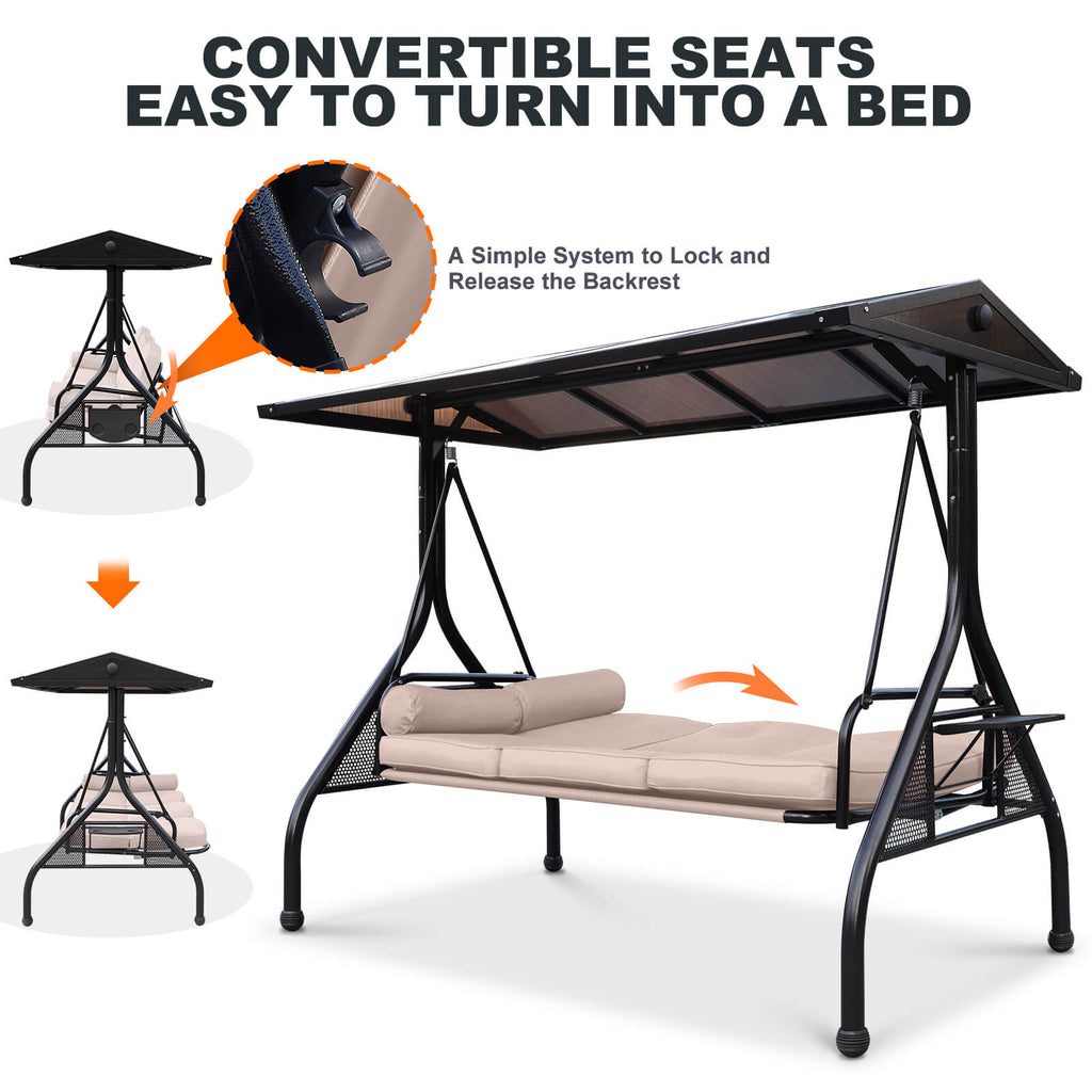 Outdoor Porch Swings with Polycarbonate Canopy, Cup Holders & Cushions NOBLEMOOD