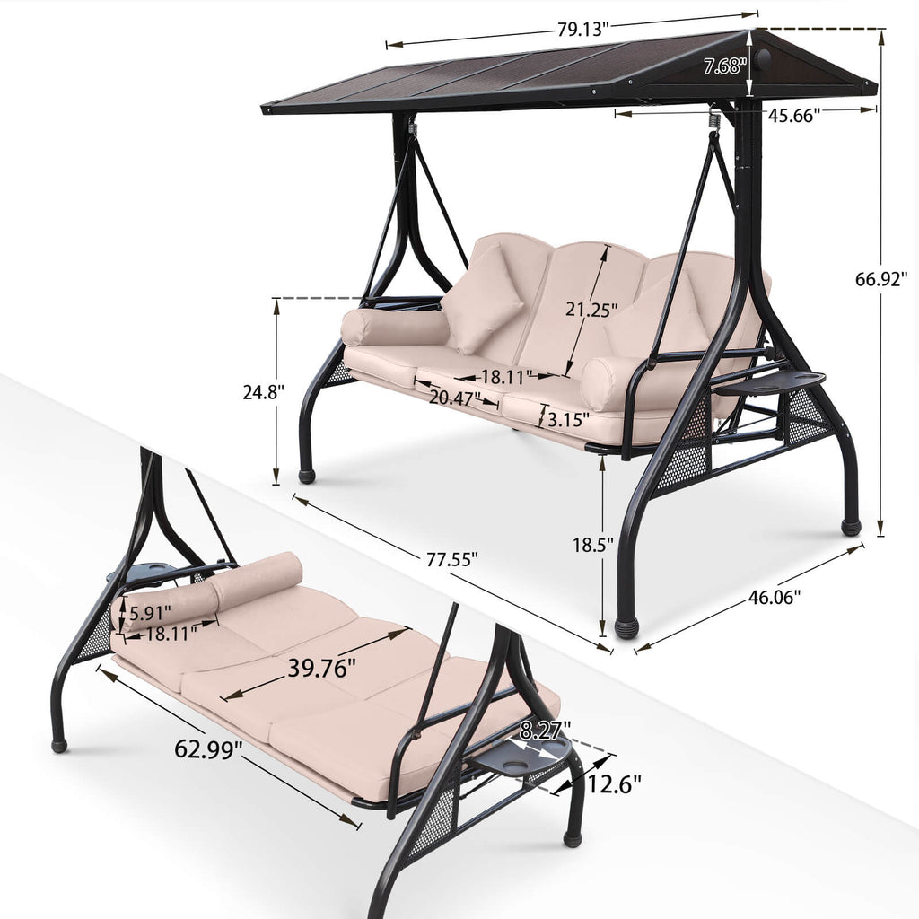 Outdoor Porch Swings with Polycarbonate Canopy, Cup Holders & Cushions NOBLEMOOD