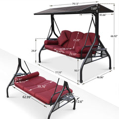 Outdoor Porch Swings with Adjustable PC Canopy, 3 Cushions, 2 Cup Holders & 4 Pillows, Wine Red